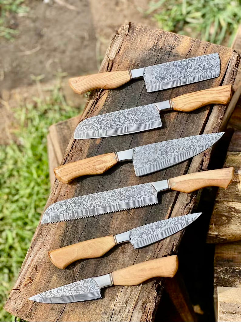 Sharp Kitchen Knife Set – 13" Damascus Steel Blade with Olivewood Handle, Steel Bolster & Leather Sheath