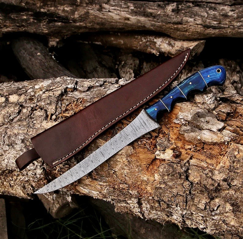 πΏ Damascus Steel Boning & Fillet Knife β 13" Pakkawood Handle with Leather Sheath