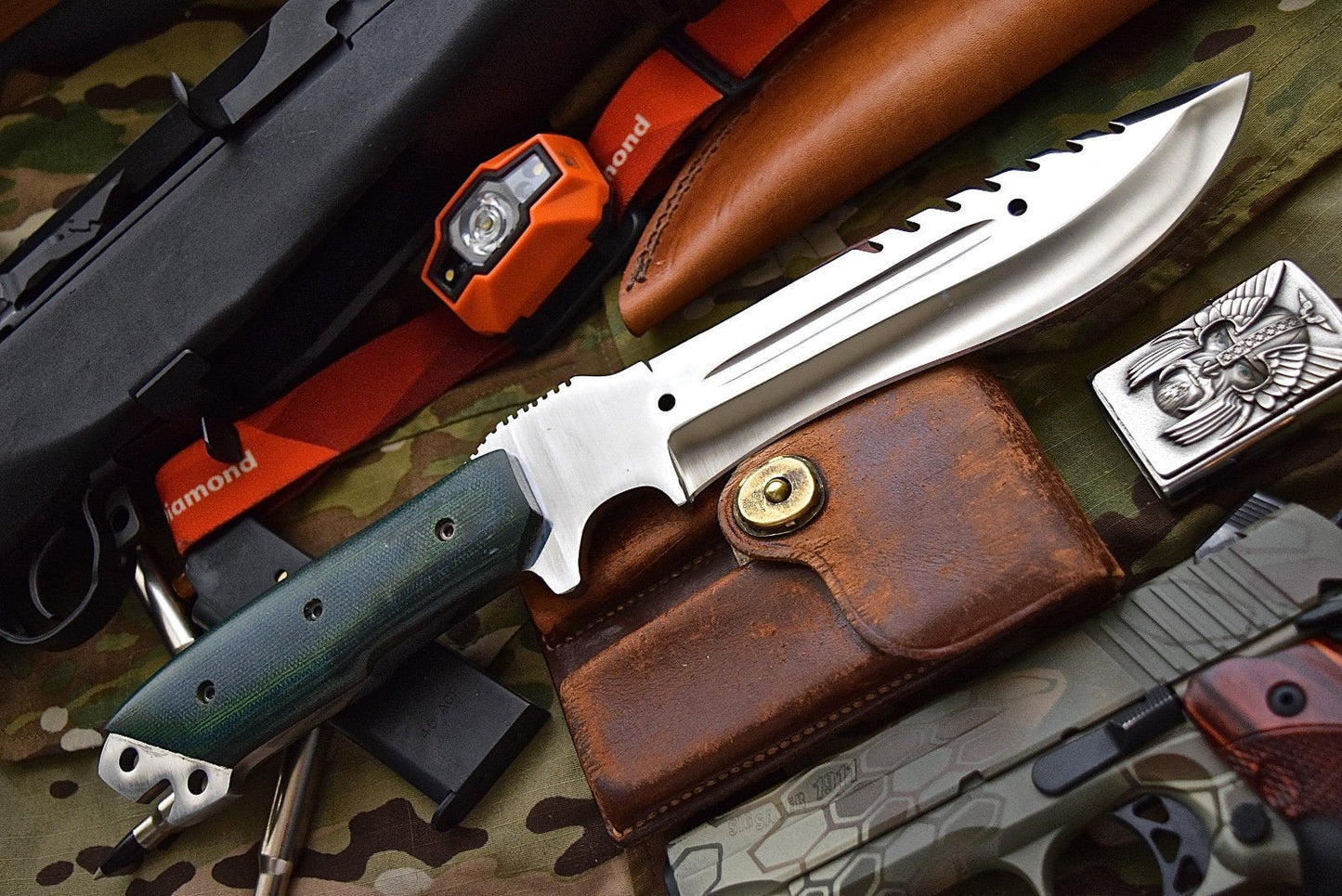 Combat Bushcraft Survival Camping Knife - Custom Handcrafted D2 Mirror Polished Steel Blade, Micarta G10 Handle, 13.5" Overall Length | Leather Sheath | KBS Knives
