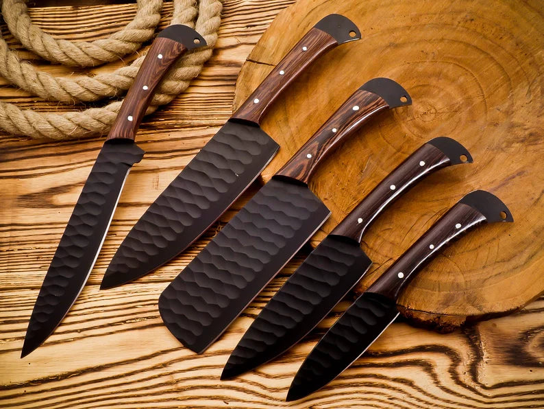 5 Pcs Kitchen Knife Sets – Forged Stainless Steel Blades with Rosewood Handles & Leather Sheath