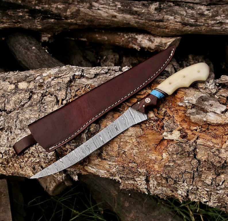Fishing Fillet & Boning Knife – 13" Damascus Steel Blade with Camel Bone & Rosewood Handle + Leather Sheath