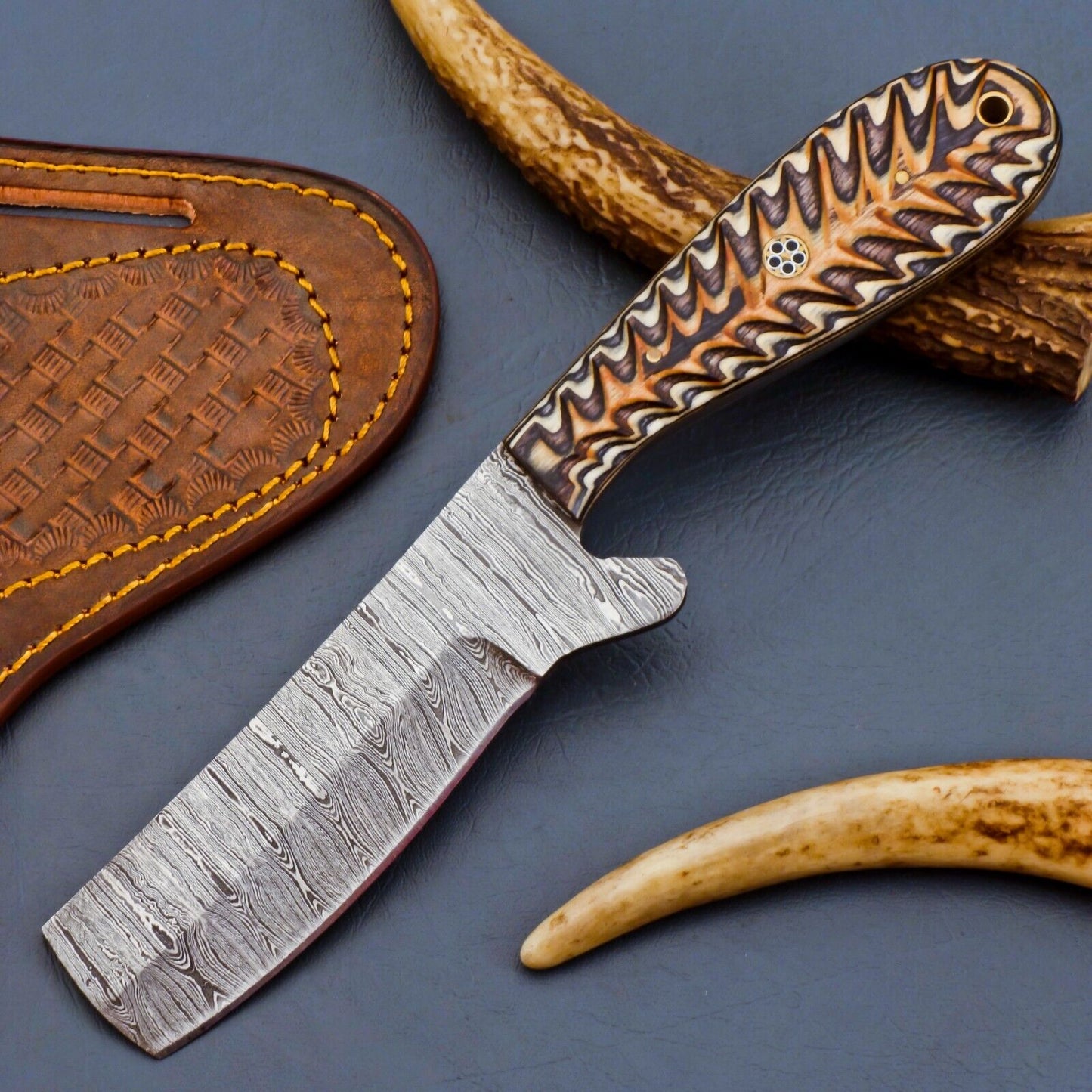 Cowboy Bull Cutter Knives – Custom Handmade Damascus Steel with Pakka Wood Handle & Leather Sheath
