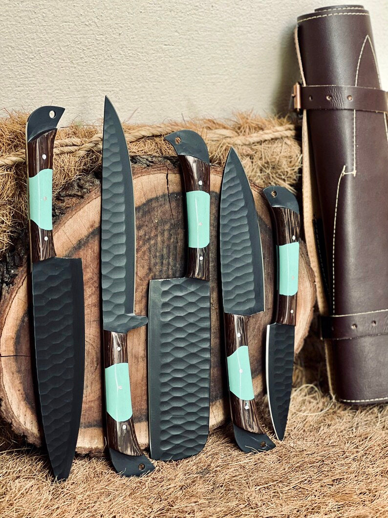 Knofe Set – 13" Forged Stainless Steel Blade with Wenge Wood & Resin Handle + Leather Sheath