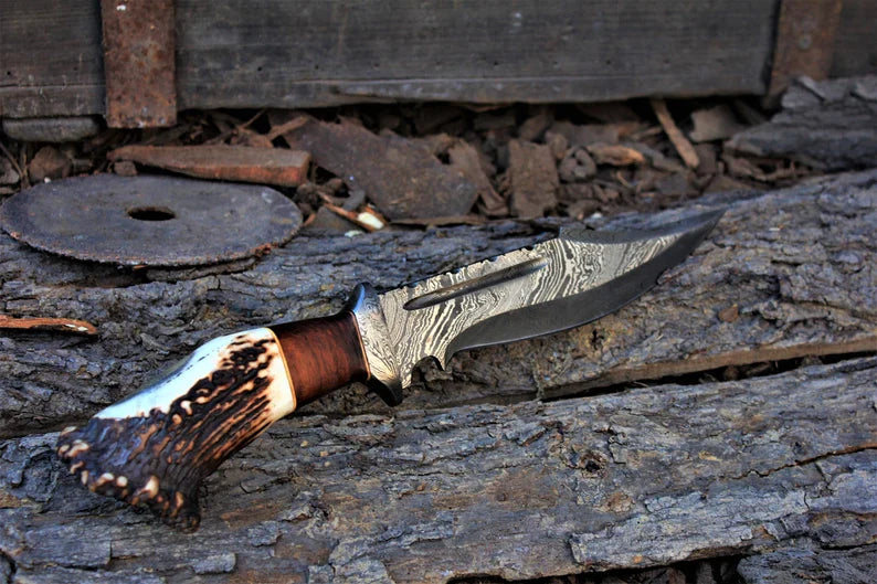 Custom Handmade 13" Damascus Bowie Knife β Stag Crown & Rosewood Handle with Leather Sheath