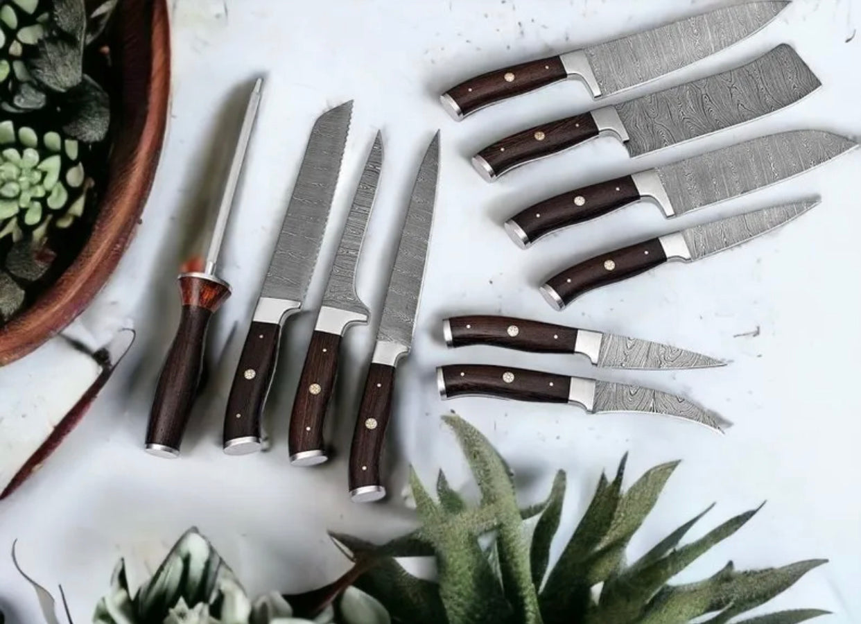 Best Knife Sets for Kitchen – 13" Damascus Steel Chef Knife with Rosewood Handle & Leather Sheath