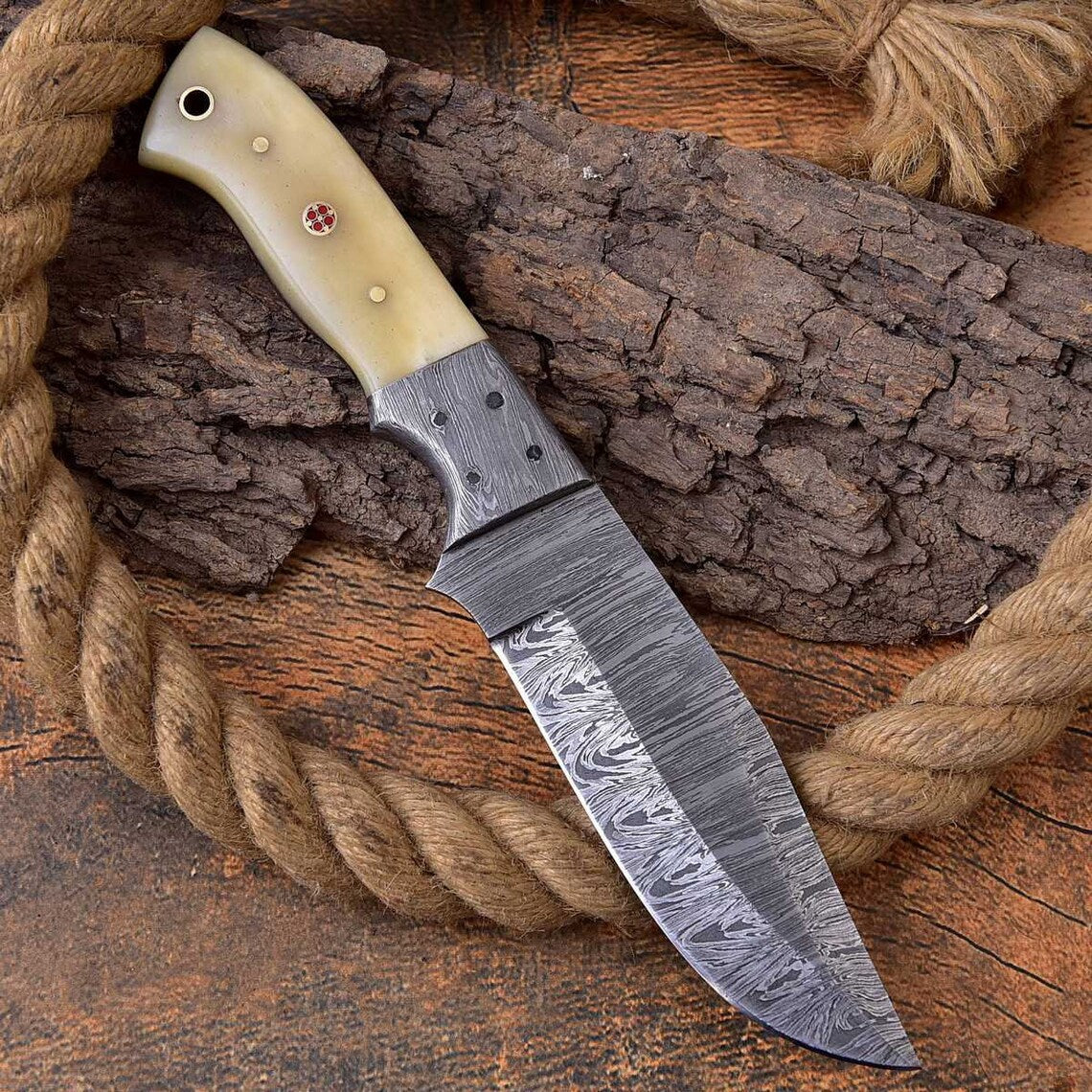 Custom Handmade Hunting Knife with Full Tang Damascus Steel Blade and Bone Handle - 9 Inches