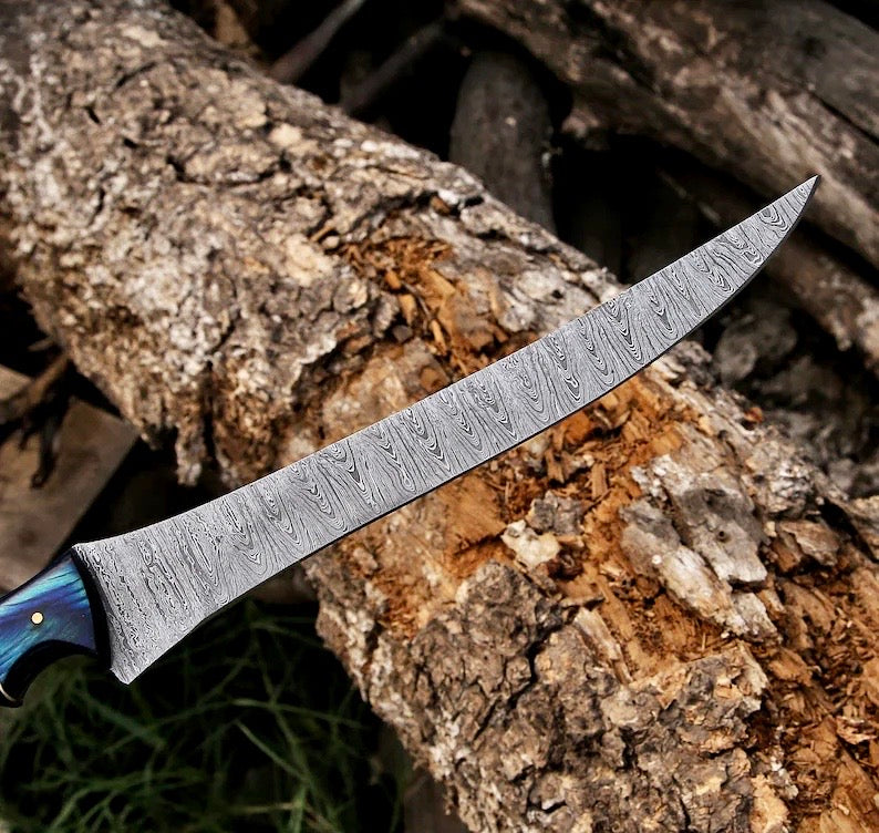 πΏ Damascus Steel Boning & Fillet Knife β 13" Pakkawood Handle with Leather Sheath