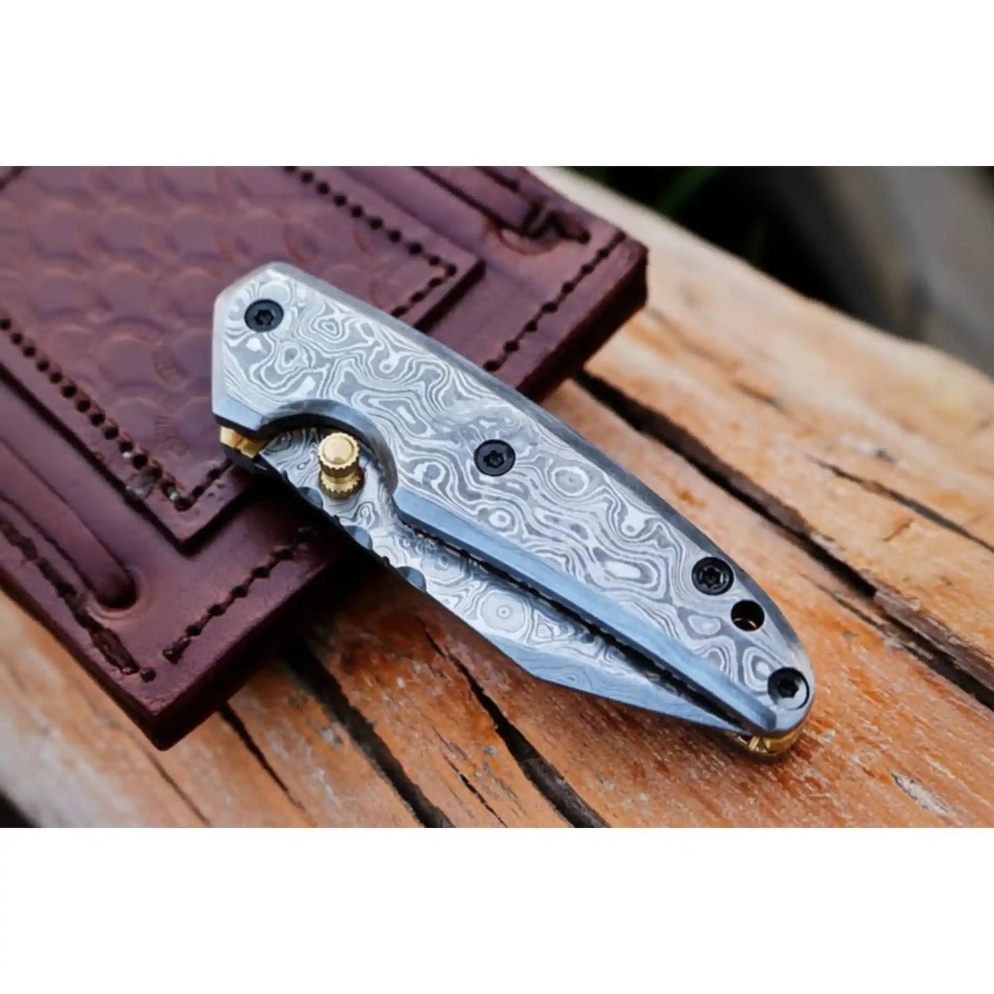 Handmade Damascus Steel Folding Knife with Dark Wood Handle & Leather Sheath
