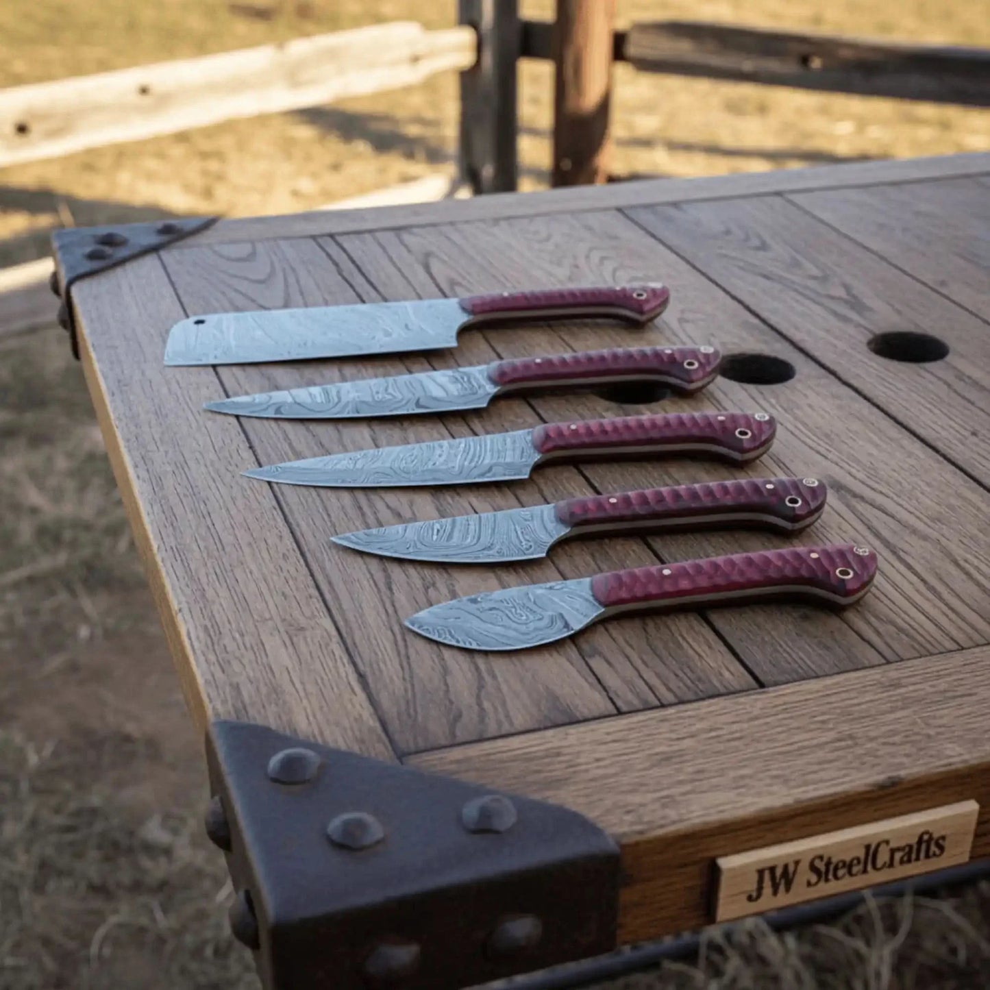 6-Piece Handmade Damascus Kitchen Knife Set with Red Wood Handles