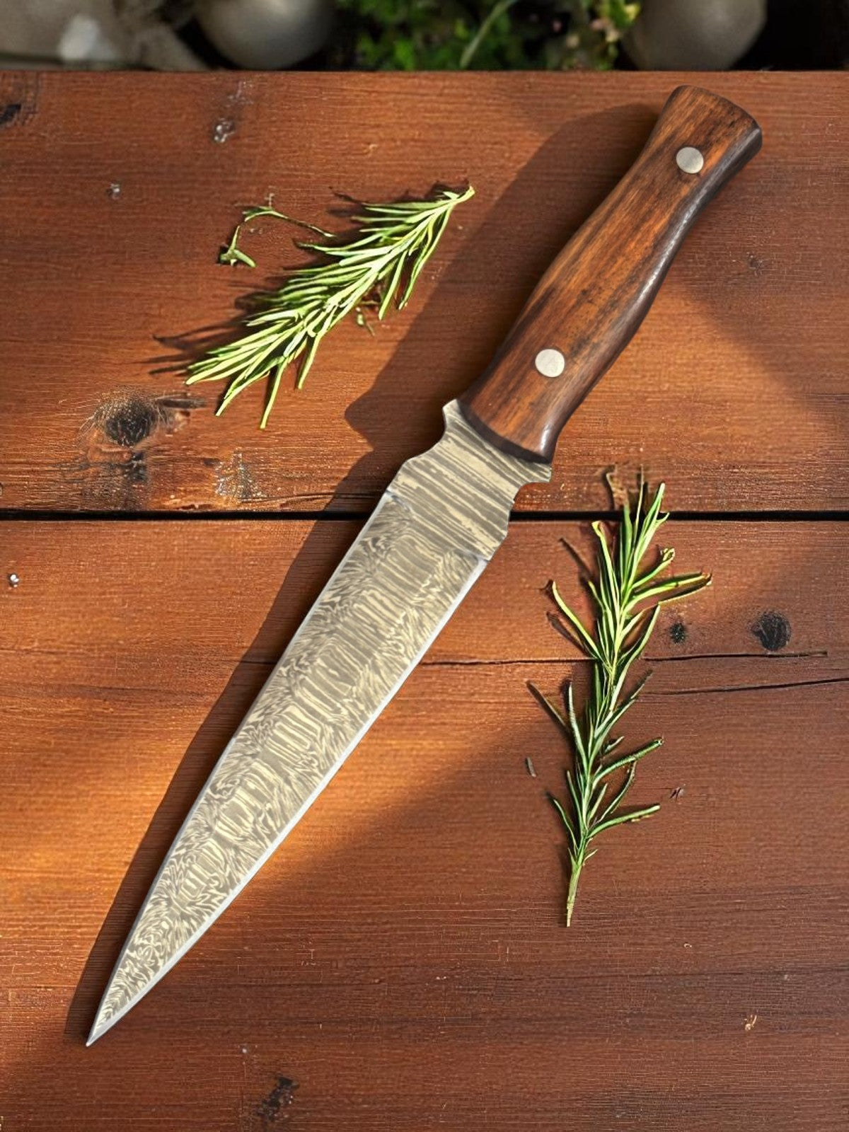Custom Handmade Damascus Hunting Knife with Wood Handle