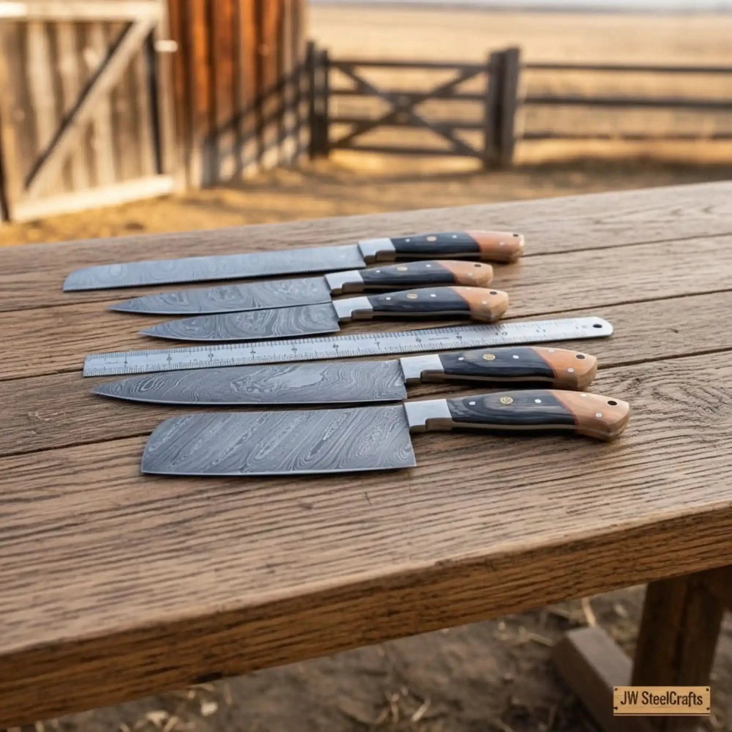 Damascus Multi-Blade Chef Knife Set with Olive Wood & Black Pakka Wood Handles
