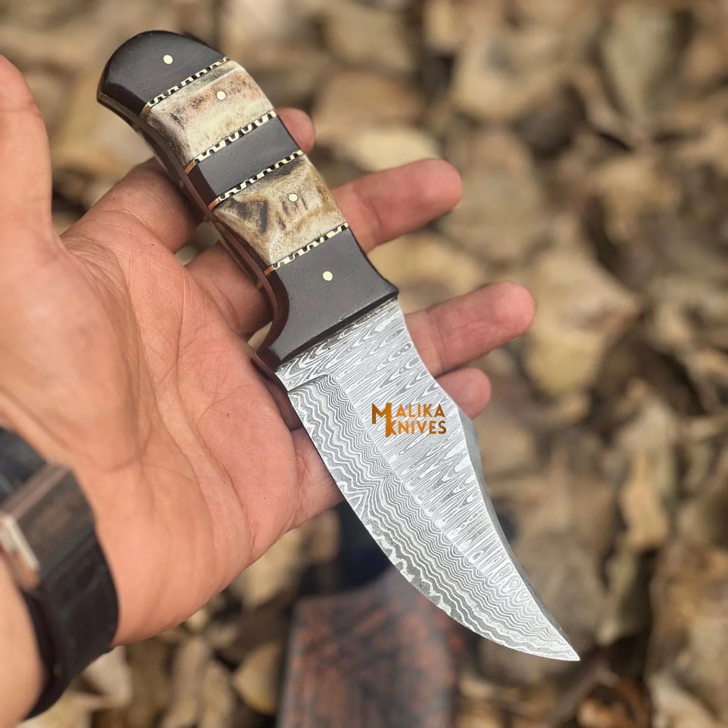SS Damascus Stag Hunting Bowie Knife with Custom Leather Sheath-0047