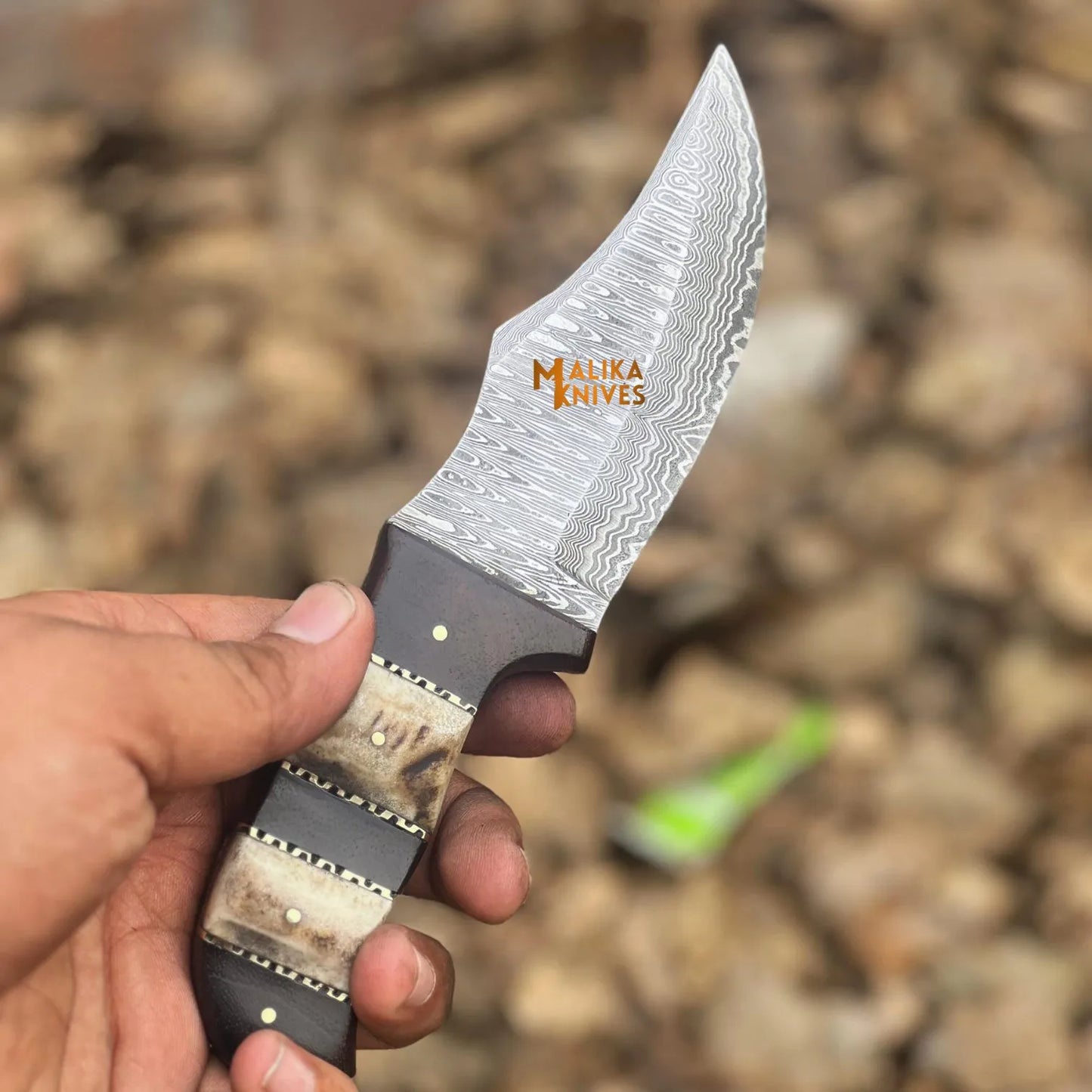 SS Damascus Stag Hunting Bowie Knife with Custom Leather Sheath-0047