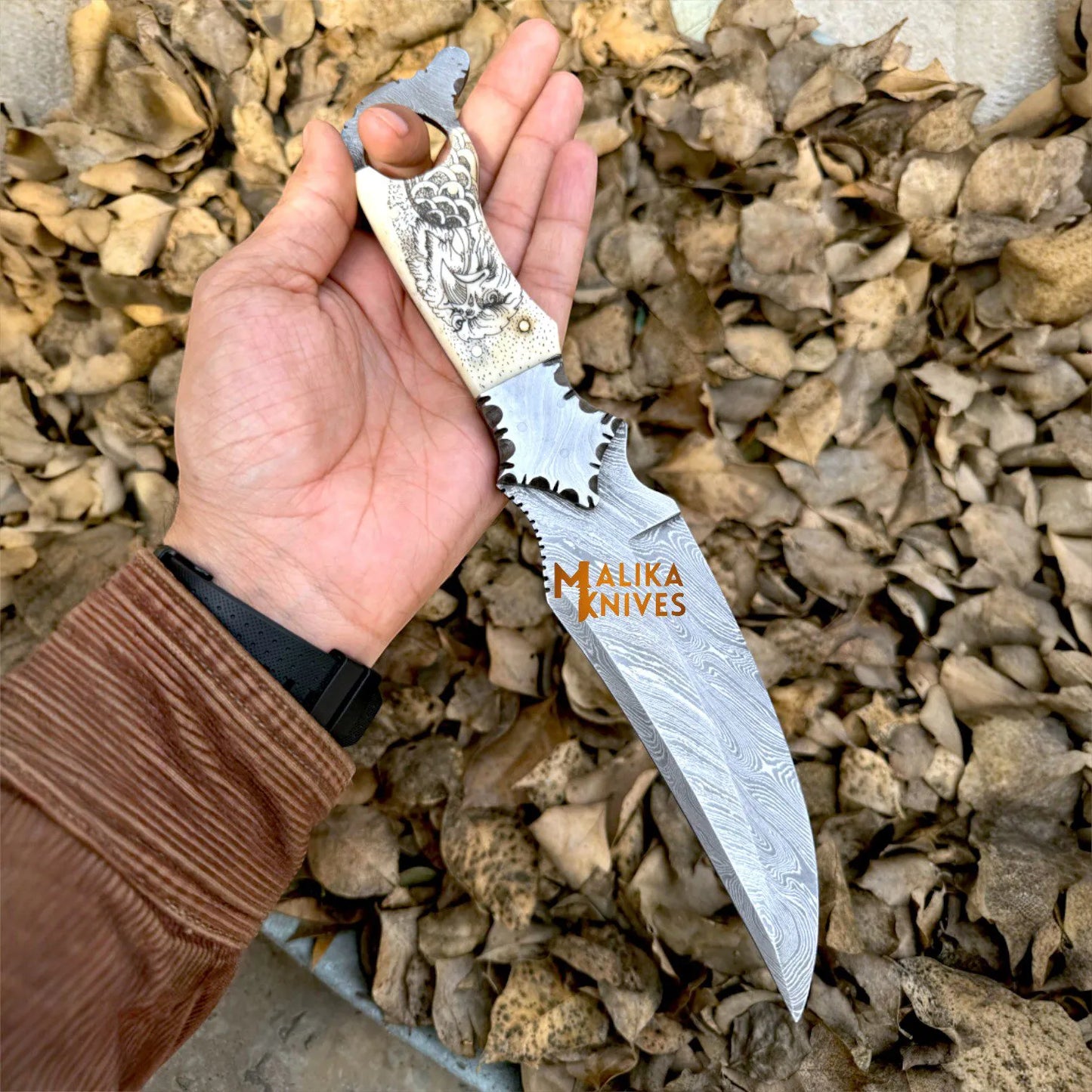 Tough EDC Ride Hard Biker Ringtail Knife – Camel Bone & Eagle, Horizontal Sheath-0360