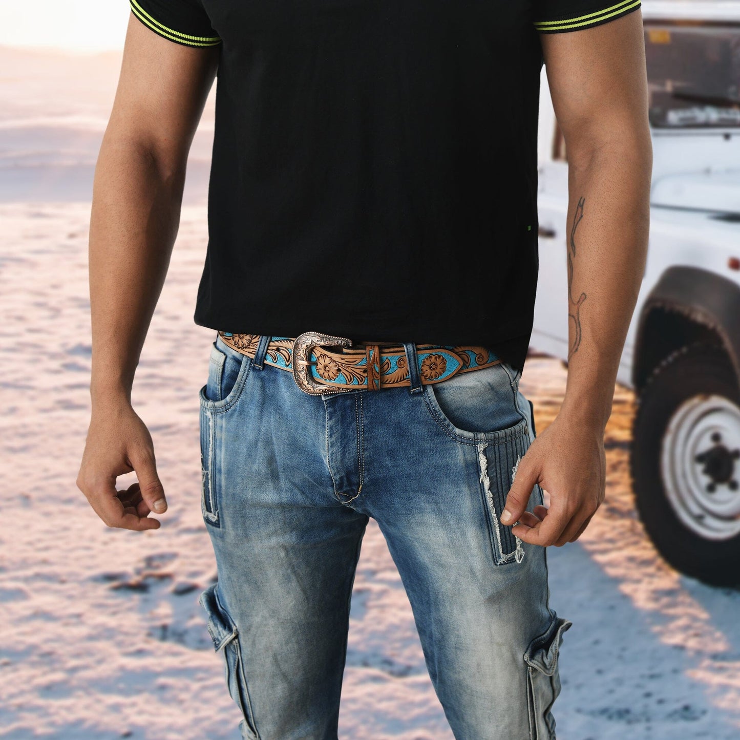 Western Cowboy Leather Belt - Blue & Brown