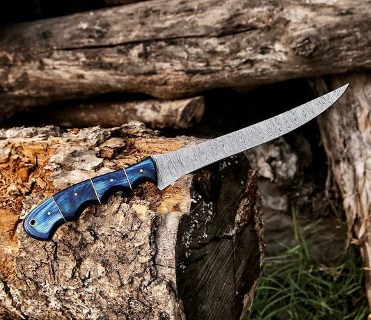🌿 Damascus Steel Boning & Fillet Knife – 13" Pakkawood Handle with Leather Sheath