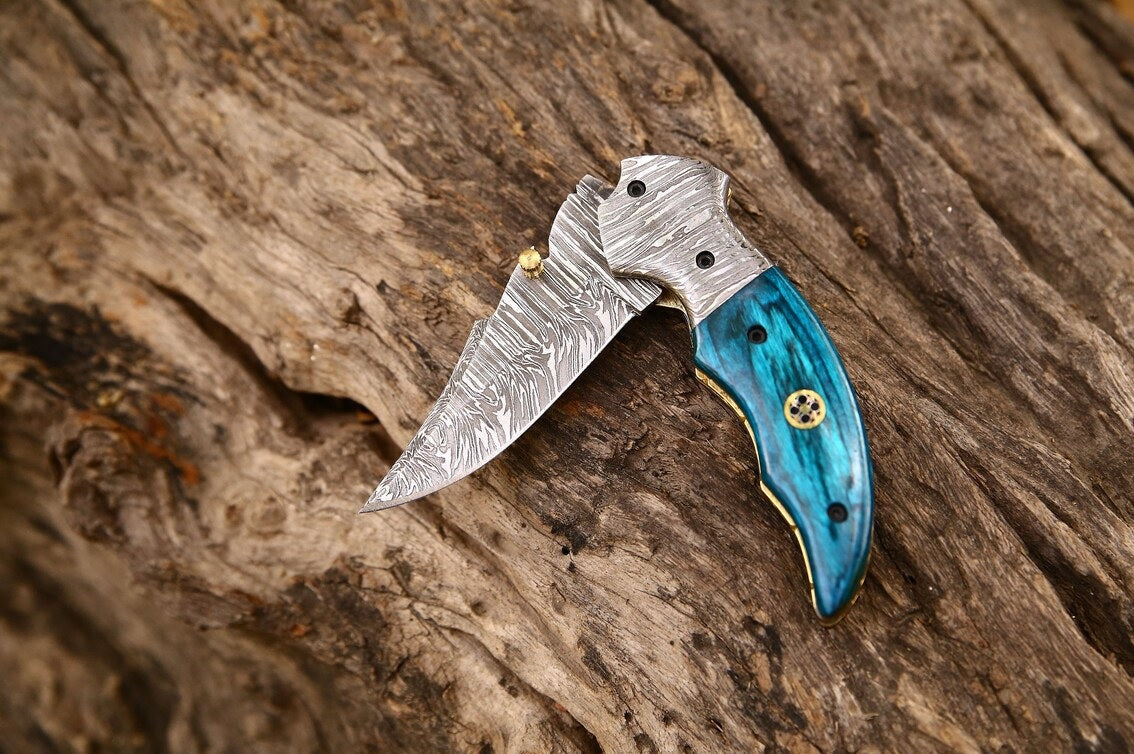 Custom Handmade Damascus Steel EDC Folding Pocket Knife – Exotic Wood Handle, 3-Inch Blade, Leather Case – Ideal Wedding Gift