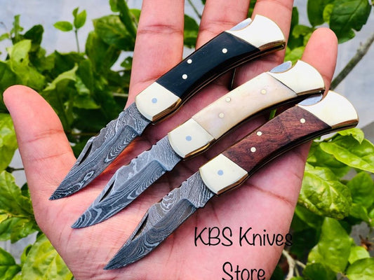 Deal Of 3 Premium Damascus Steel Folding Pocket Knife Set - Exquisite Utility Knives with Buffalo Horn,Bone and Rosewood Handles