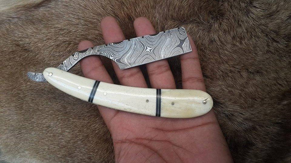 Premium Damascus Steel Straight Razor with Bone Handle and Black Fiber Spacer, Includes Leather Case - KBS Knives Store Exclusive