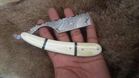 Premium Damascus Steel Straight Razor with Bone Handle and Black Fiber Spacer, Includes Leather Case - KBS Knives Store Exclusive