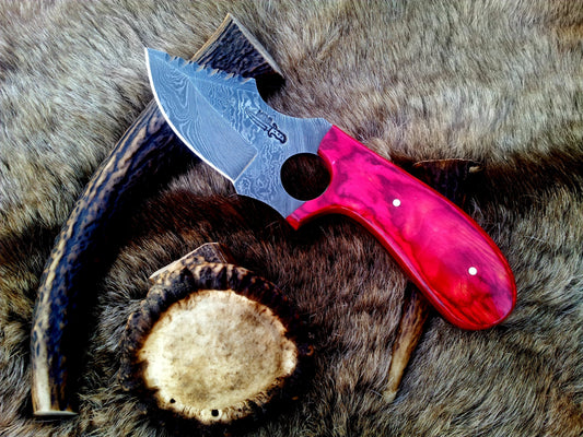 Custom Damascus Steel Field Dressing Deer Skinning Knife with Pakka Wood Handle – 7.5 Inch Drop Point Blade with Finger Hole