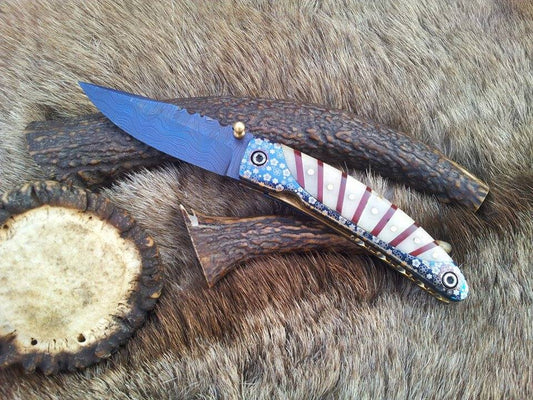 Everyday Carry Damascus Steel Folding Pocket Knife with Laser Engraved Bone Handle