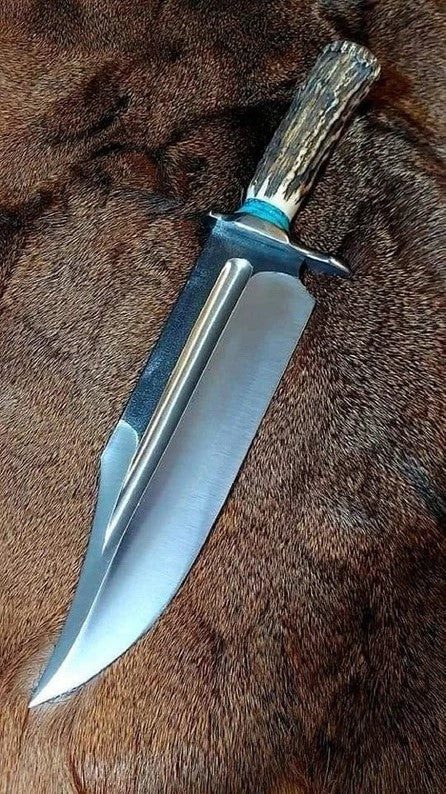 Ultimate Survival Bowie Knife - Handmade, 1095 Forged Steel, 11" Blade, Antler Horn Handle, Exotic Wood, Steel Guard