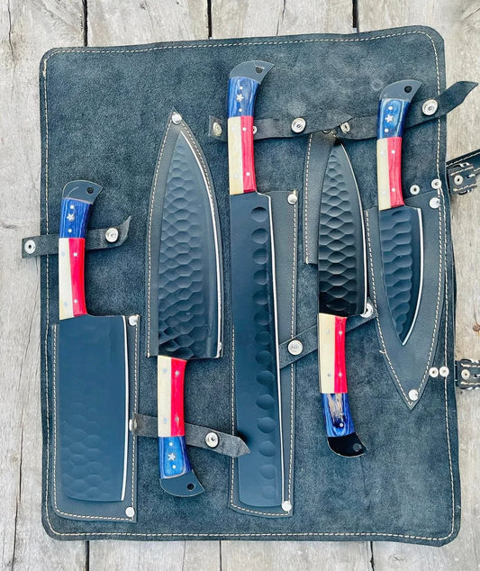 Knife Sets for Kitchen – 13" Forged Stainless Steel Chef Knife with Bone, Pakkawood & Steel Bolster + Leather Sheath