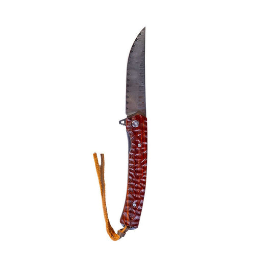 Damascus Flipper Knife Scraped Wood Handle Liner Lock 3.75" Blade 8.2" EDC