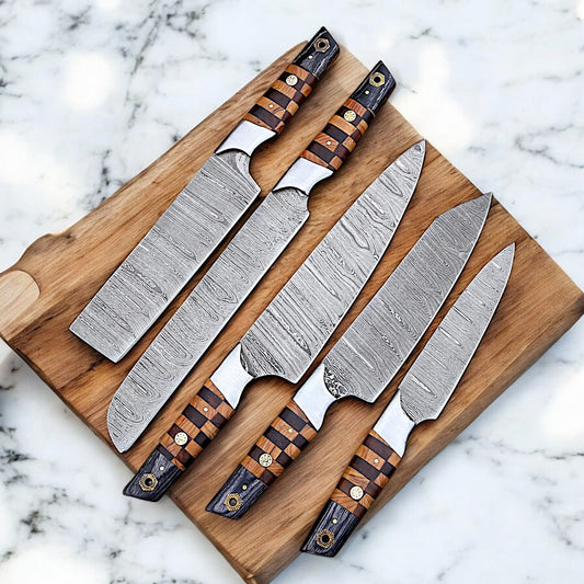 Handmade Custom Knife Set - 5 Damascus Steel Knives with Leather Sheath