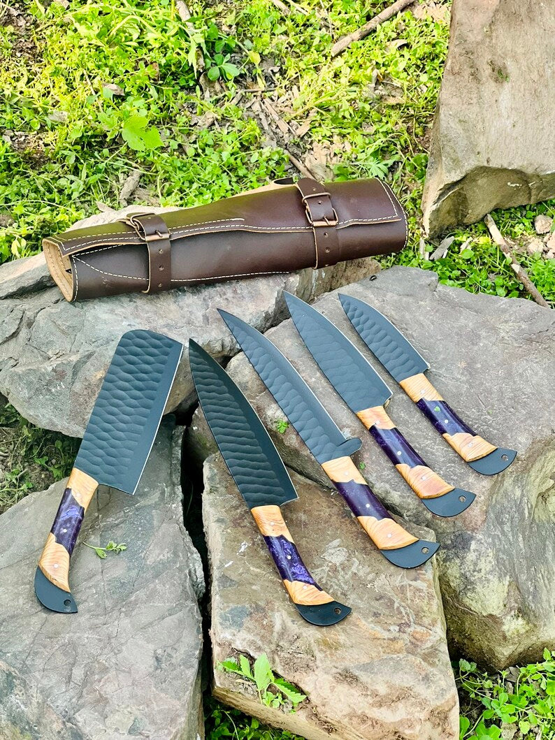 Best Knife Block Set – 13" Forged Stainless Steel Blade with Olivewood & Epoxy Resin Handle + Leather Sheath