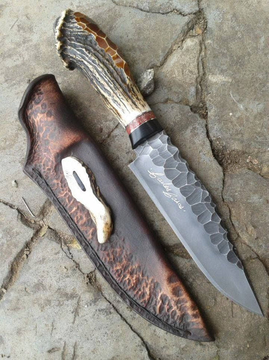 Western Bowie Knife – 15" J2 Hand-Forged Steel Blade with Antler Horn or Resin Handle & Leather Sheath