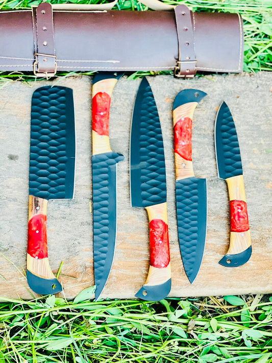Best Japanese Kitchen Knife Set – 13" Forged Stainless Steel Blade with Olivewood & Resin Handle + Leather Sheath
