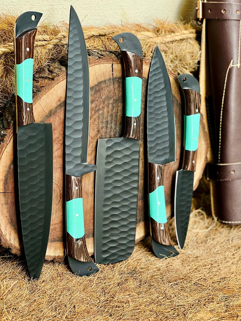 Knofe Set – 13" Forged Stainless Steel Blade with Wenge Wood & Resin Handle + Leather Sheath