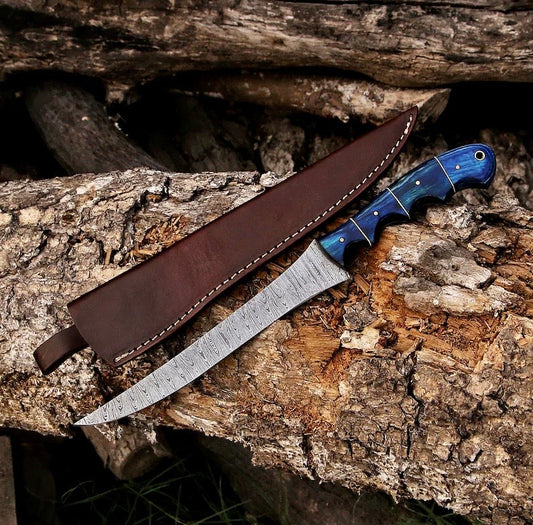 🌿 Damascus Steel Boning & Fillet Knife – 13" Pakkawood Handle with Leather Sheath