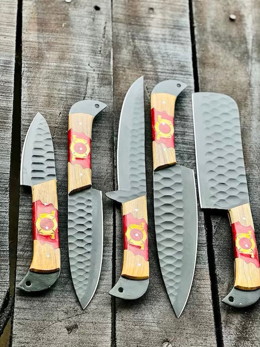 Stainless Steel Knife Set – 13" Forged Blades with Olivewood & Epoxy Resin Handles + Leather Sheath