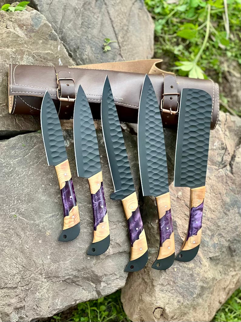 Best Knife Block Set – 13" Forged Stainless Steel Blade with Olivewood & Epoxy Resin Handle + Leather Sheath