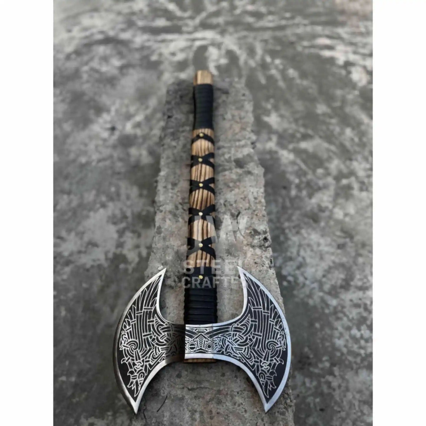 Hand Engraved Double Headed Viking Axe with Nordic Knotwork and Leather Wrapped Handle