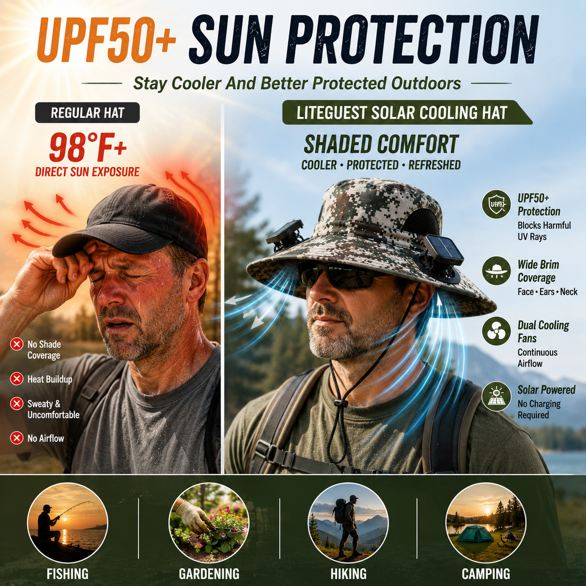 LITEGUEST Solar Cooling Hat with Dual Fans & UPF50+ Sun Protection