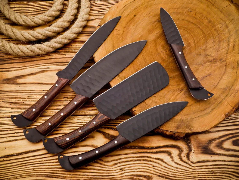 5 Pcs Kitchen Knife Sets – Forged Stainless Steel Blades with Rosewood Handles & Leather Sheath
