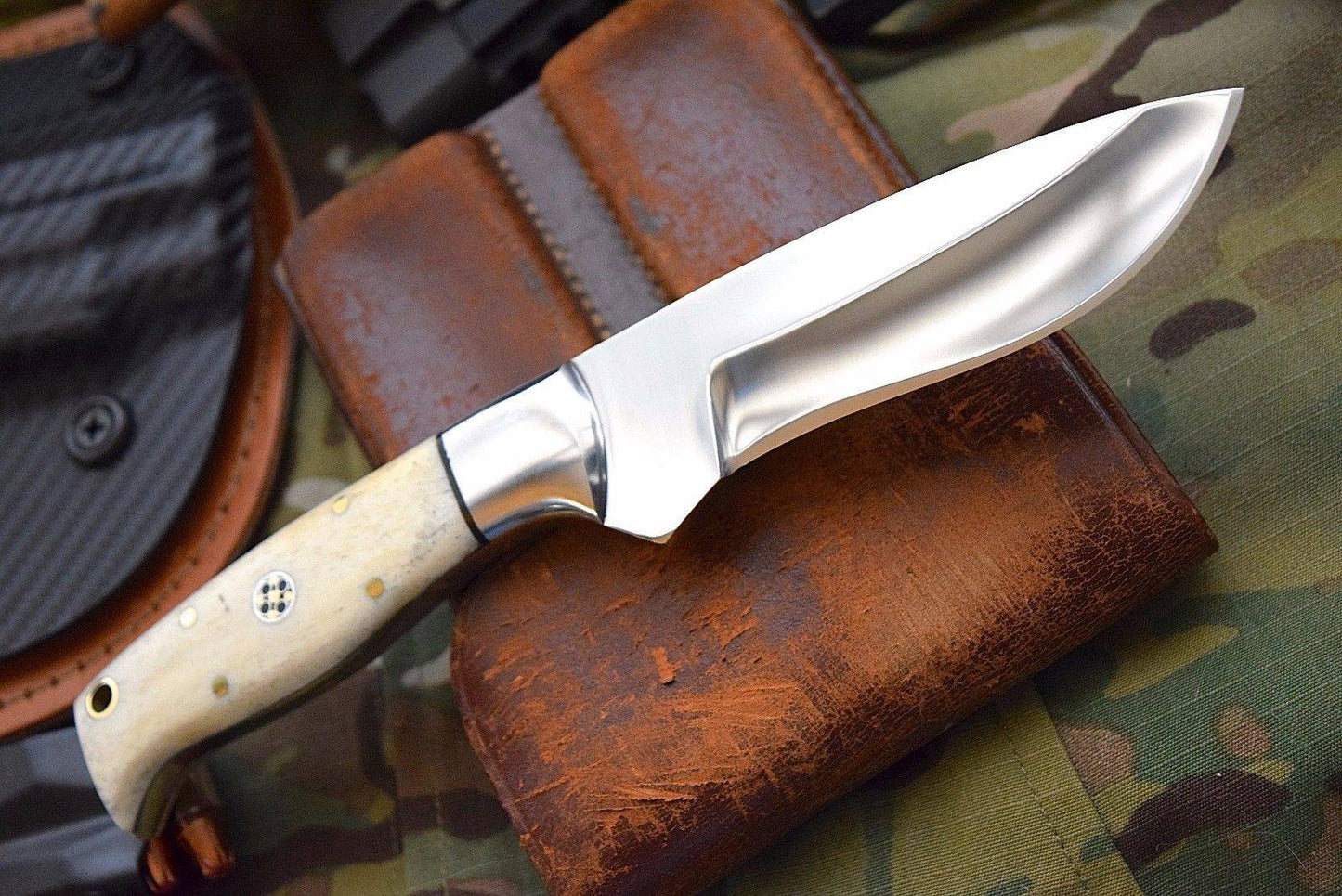 Custom Handcrafted J2 Steel ELK Skinning Knife - 9 Inch Bone Handle with Steel Bolster, Leather Sheath - Premium Hunting Knife by KBS Knives