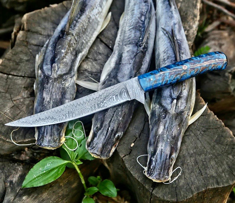 Custom Handmade Damascus Fillet Knife – 13” Pine Cone Handle with Leather Sheath