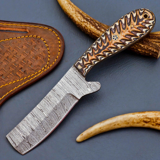 Cowboy Bull Cutter Knives – Custom Handmade Damascus Steel with Pakka Wood Handle & Leather Sheath