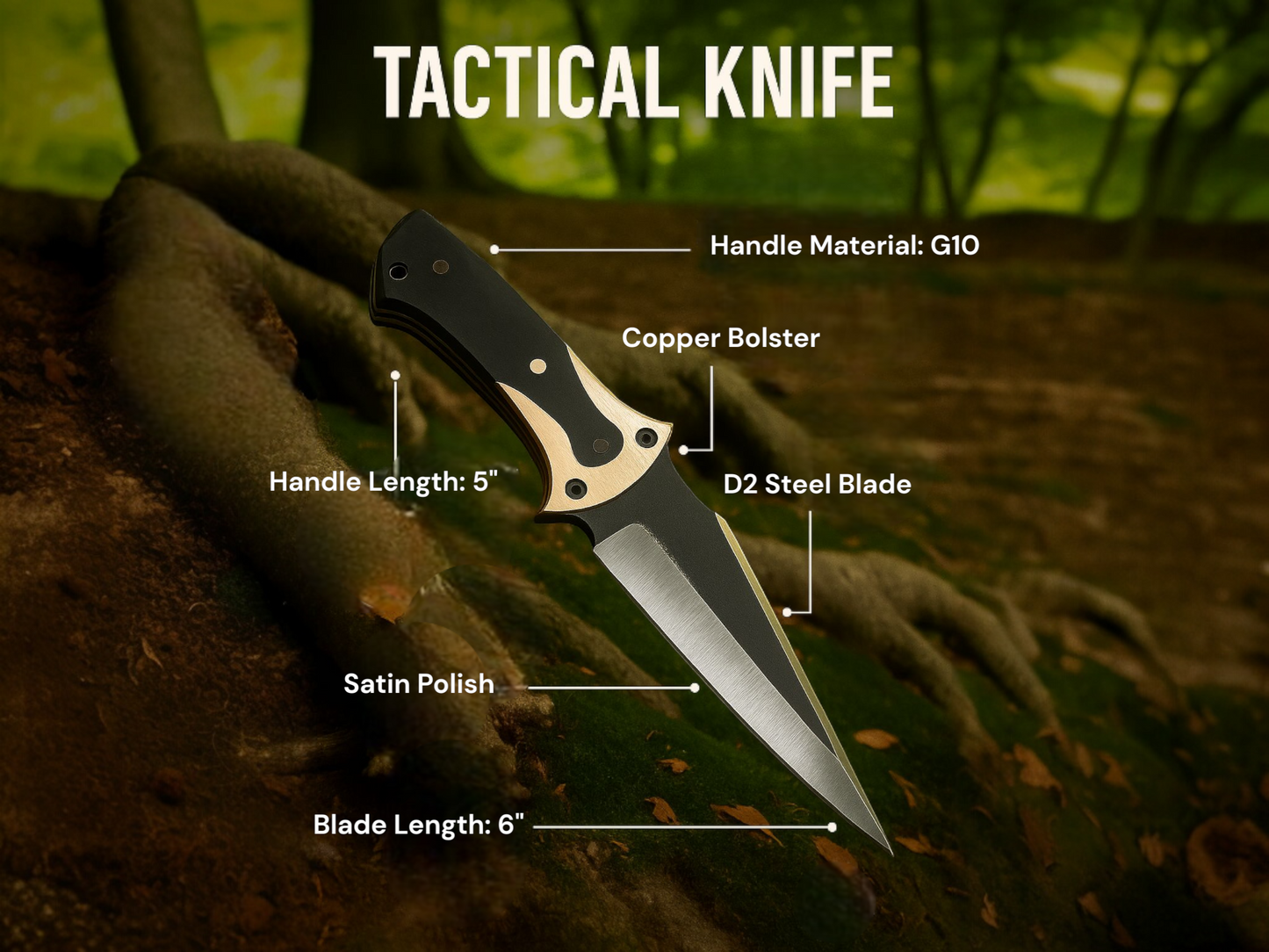 Premium 11″ D2 Steel Full‑Tang Hunting Knife | Satin-Finish, G10 Handle, Leather Sheath