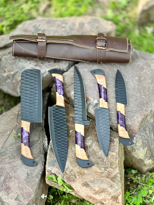 Best Knife Block Set – 13" Forged Stainless Steel Blade with Olivewood & Epoxy Resin Handle + Leather Sheath
