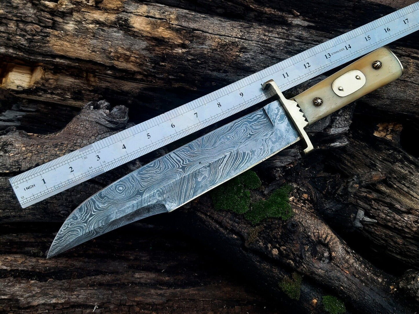 Damascus Steel Cowboy Bowie Knife – 13" with Brass Guard and Camel Bone Handle, Leather Sheath Included