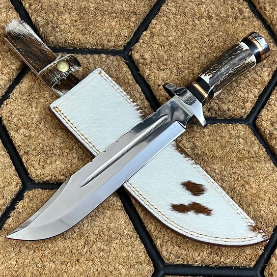 14-Inch Custom Handmade Damascus Steel Bowie Knife | Antler Horn Handle with Leather Sheath | Ideal for Hunting | KBS Knives