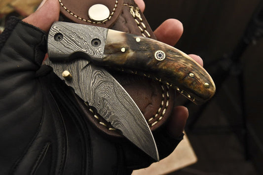 Everyday Carry Custom Handcrafted Damascus Steel Folding Pocket Knife with Mountain Sheep Horn & Damascus Bolster Handle – The Summit