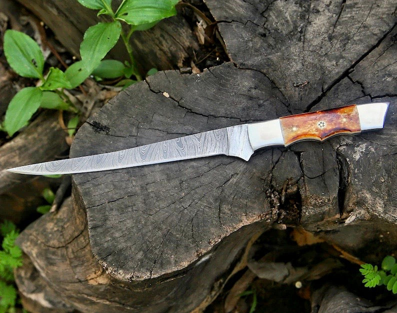 Custom Handmade Damascus Filleting Knife – 13" Camel Bone Handle with Leather Sheath
