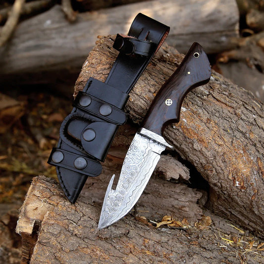 Handmade Damascus Hunting Knife with Rosewood Handle – 10"